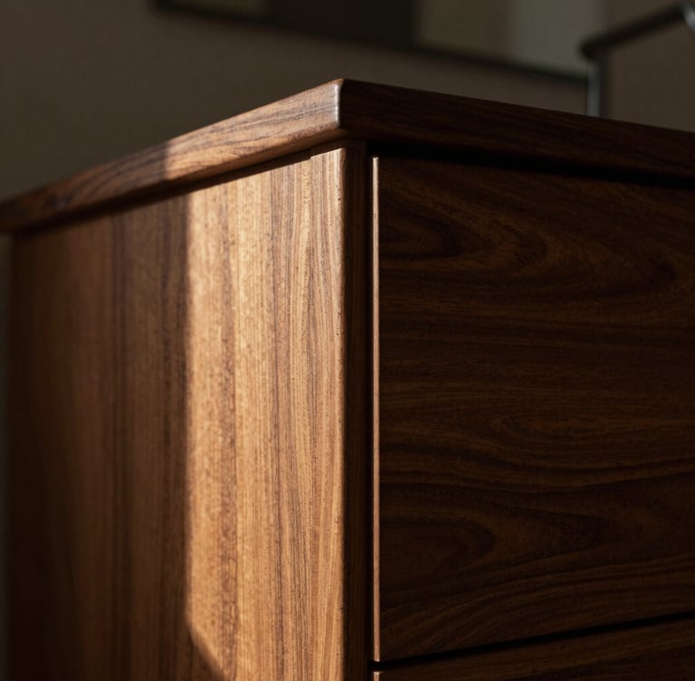 Close-up architectural photograph of a walnut floating vanity joint under dramatic, low-angle afternoon window light, rich wood grain, deep shadows