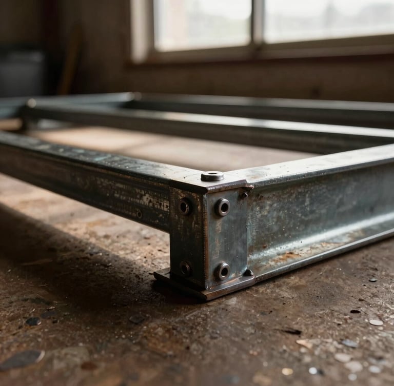 Tight macro shot of a hand-welded steel frame joint on a storage bed, low-angle afternoon window light, deep shadows