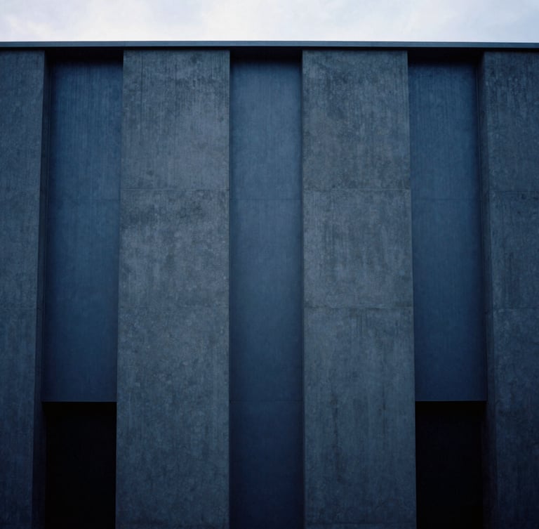 Minimalist architectural photography of a modern concrete and steel facade in Luxembourg, cool overcast daylight, deep blue and slate tones, sharp geometric shadows, medium format film composition