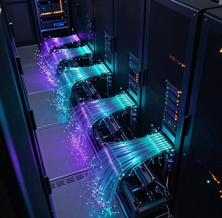 Sweeping isometric view of glowing cyan and purple fiber optic paths running through dark server racks, high contrast, technical lighting.