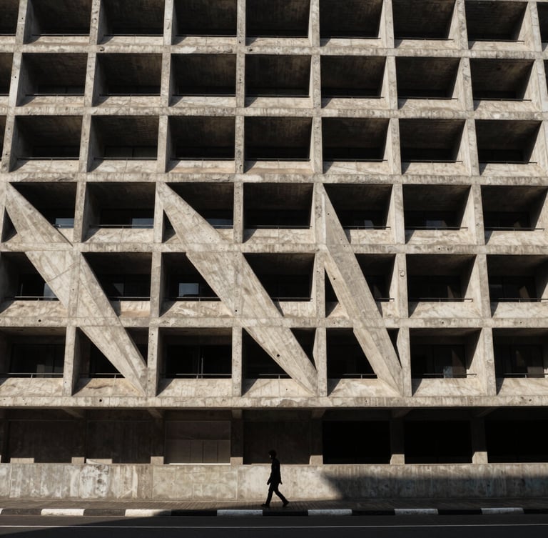 Extreme wide shot of a brutalist concrete building in Jakarta under harsh midday sun, sharp diagonal shadows, a single silhouette of a person walking near the base to establish scale.