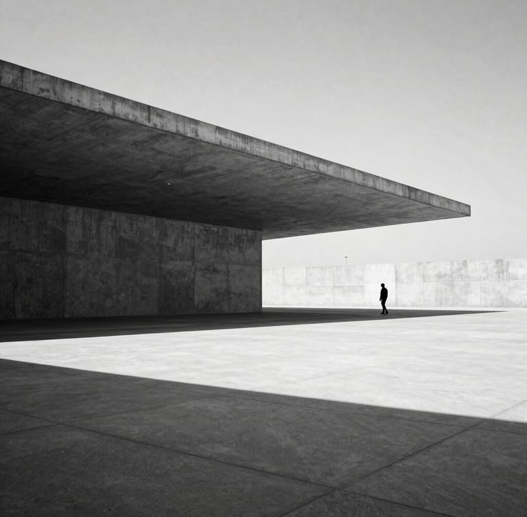 Extreme wide environmental shot of a monolithic concrete pavilion under harsh midday sun, razor-sharp geometric shadows slicing across raw concrete surfaces, a single solitary human figure standing near the far edge to establish scale, stark high-contrast black and white photography style, minimalist architectural composition.