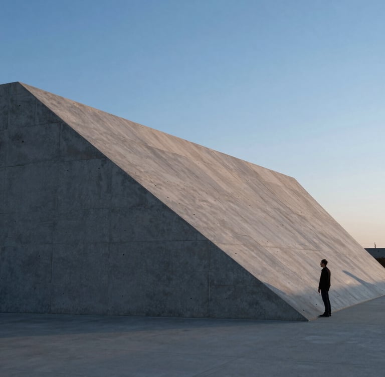 Extreme wide shot of a monolithic concrete pavilion, sharp triangular shadow cutting across the raw concrete surface, a single solitary human figure standing near the edge to establish scale, cold blue hour light.