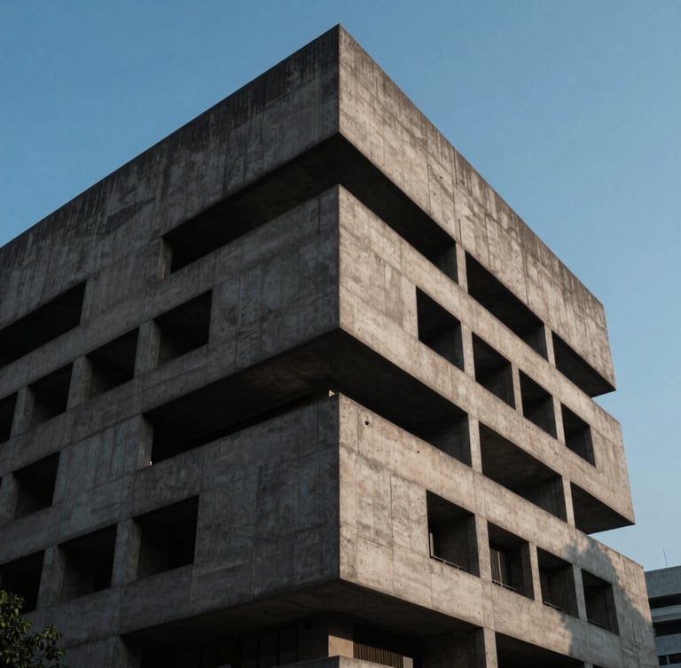 Extreme wide shot of a brutalist concrete building in Jakarta, harsh geometric shadows cutting across the facade, cold blue hour light, minimal and clean composition.