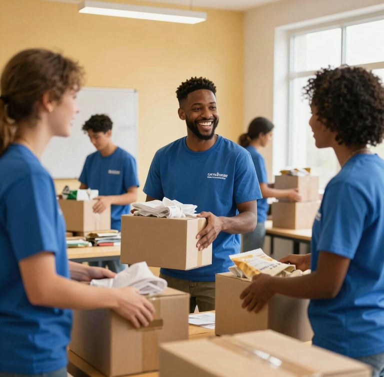Volunteers packing boxes of food and laughing together in a bright community center, warm natural light, authentic
