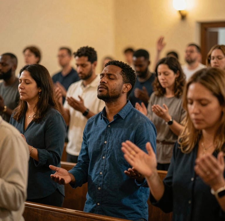 A warm editorial photograph of a diverse congregation in passionate worship under golden sanctuary light, authentic human connection, 35mm