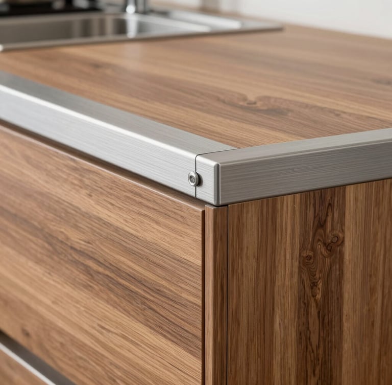 Straight-on architectural elevation of a sleek modular kitchen cabinet joint, brushed metallic silver hardware meeting warm walnut wood grain, sharp focus.