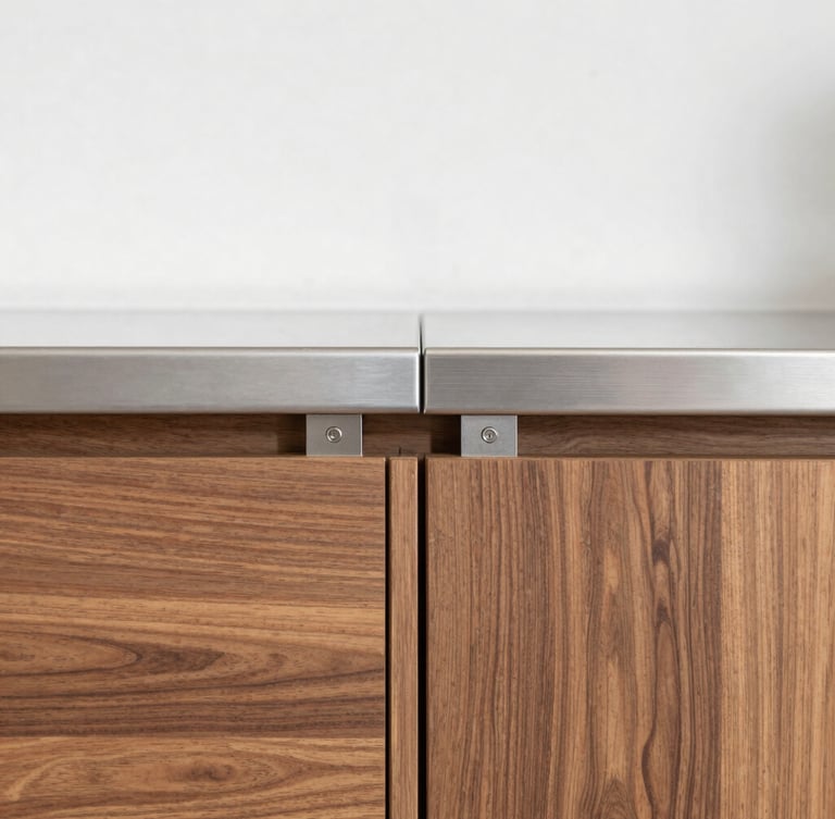 Straight-on eye-level architectural shot of a precision-engineered aluminum kitchen cabinet joint, brushed metallic silver finish meeting warm walnut wood paneling, bright natural daylight, clean metallic and wood textures, sharp focus, 35mm lens