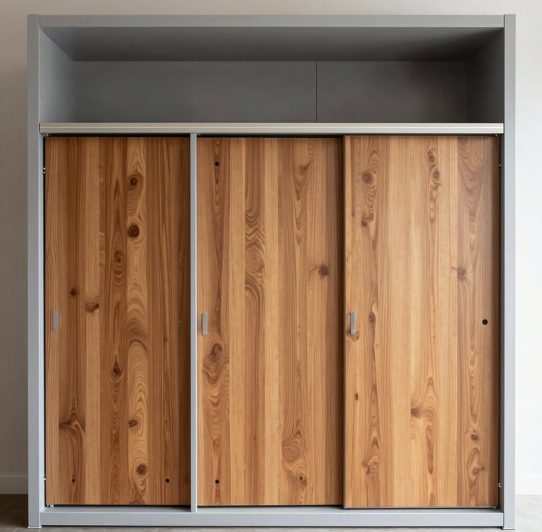 Straight-on architectural elevation of a modern modular wardrobe with warm walnut doors and clean slate grey metal frames, bright natural daylight