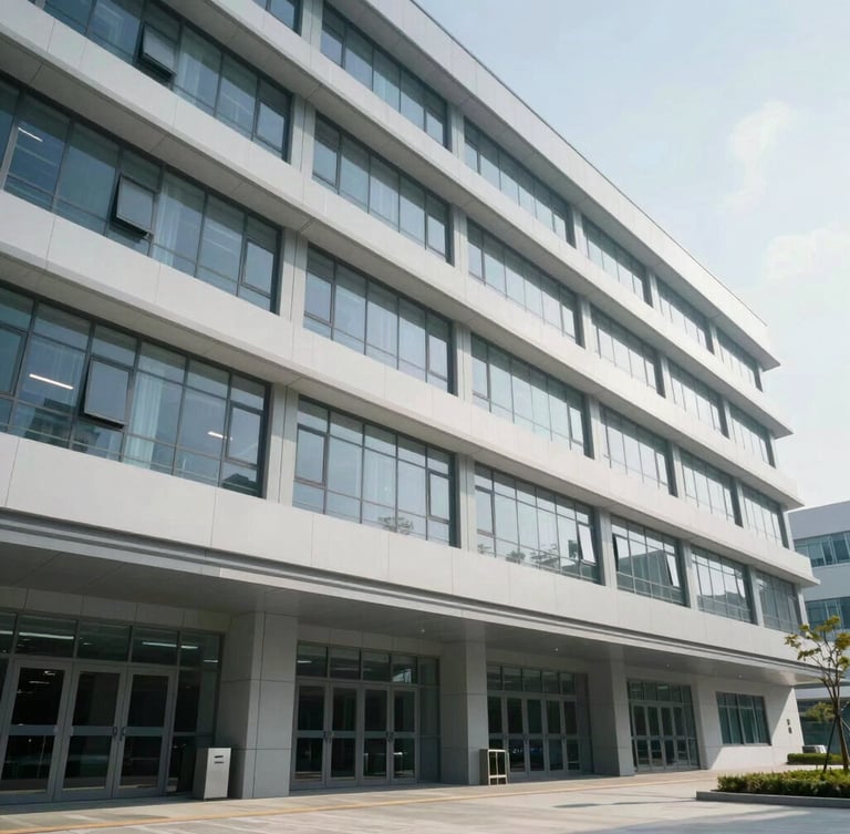 Wide environmental shot of a modern clinical research building facade, cool clean daylight, soft shadows, architectural perspective