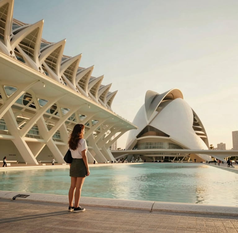 Sun-drenched wide angle of Valencia City of Arts and Sciences with a young woman looking at the modern architecture, warm golden hour light.