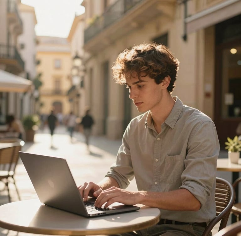 Candid, mid-shot of a young professional working on a laptop at a sunlit outdoor cafe table in Valencia, warm golden-hour light casting soft shadows, historic Spanish street scene softly blurred in the background, authentic travel feel.