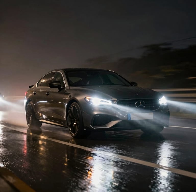 Dynamic low-angle shot of a premium sedan driving through wet asphalt at night, headlight beams cutting through the mist, high-contrast reflections, 35mm lens