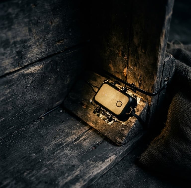 Dramatic low-angle close-up of a compact tracking device tucked discreetly inside a wooden cargo crate, warm gold highlight on the device, dark industrial background, 35mm lens