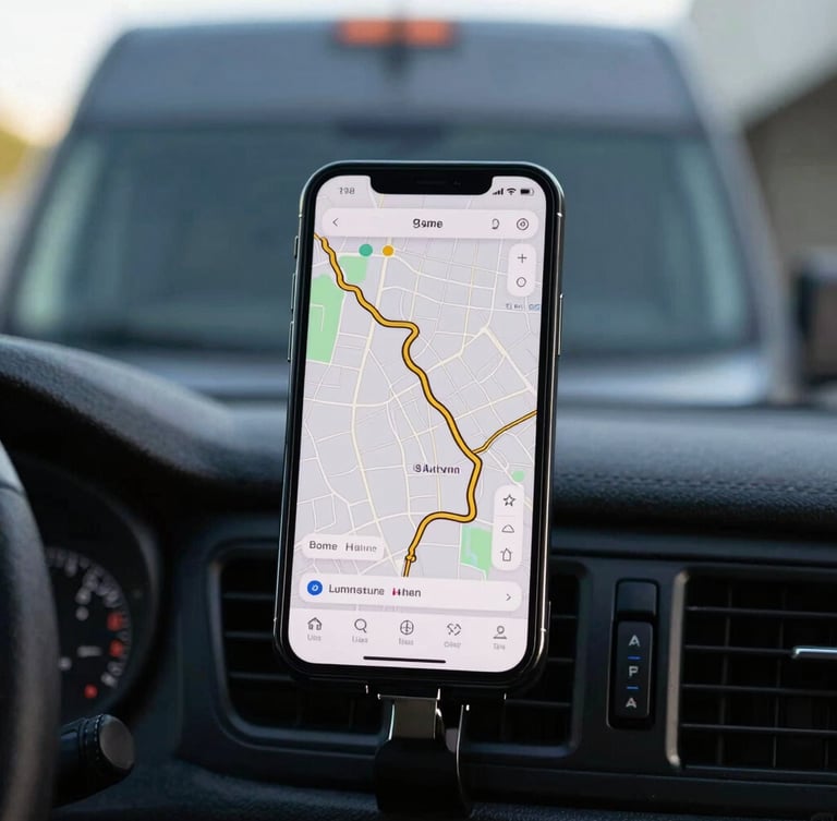 Close-up of a modern smartphone mounted on a delivery van dashboard, showing a real-time tracking map with gold route lines, bright daylight