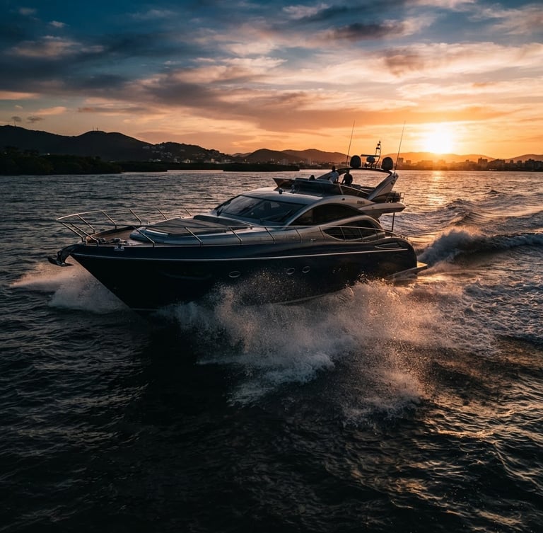 Dynamic low-angle shot of a high-speed luxury yacht cruising through Baía de Babitonga at golden hour, dark water spray, professional maritime photography, 35mm lens, high contrast