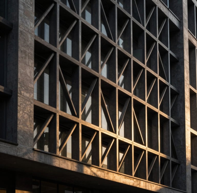 Dramatic architectural photography of an installed geometric metal lattice on a modern building facade, golden hour sunlight casting sharp linear shadows on concrete, 35mm lens