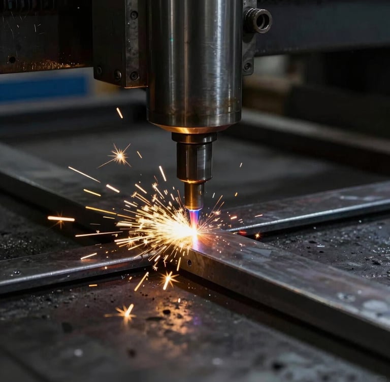 Dramatic industrial photography of a high-precision CNC plasma torch cutting steel, bright golden sparks, low-key dark workshop background, sharp macro focus on the clean cut edge