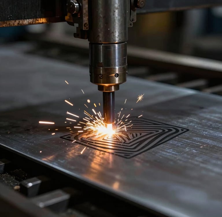 Macro close-up of a CNC plasma torch cutting a precise geometric pattern into a thick steel sheet, bright controlled sparks, dark industrial workshop atmosphere
