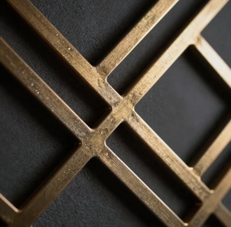 Macro close-up of a geometric metal lattice panel with clean laser-cut edges, metallic gold accents reflecting soft architectural light, dark graphite background