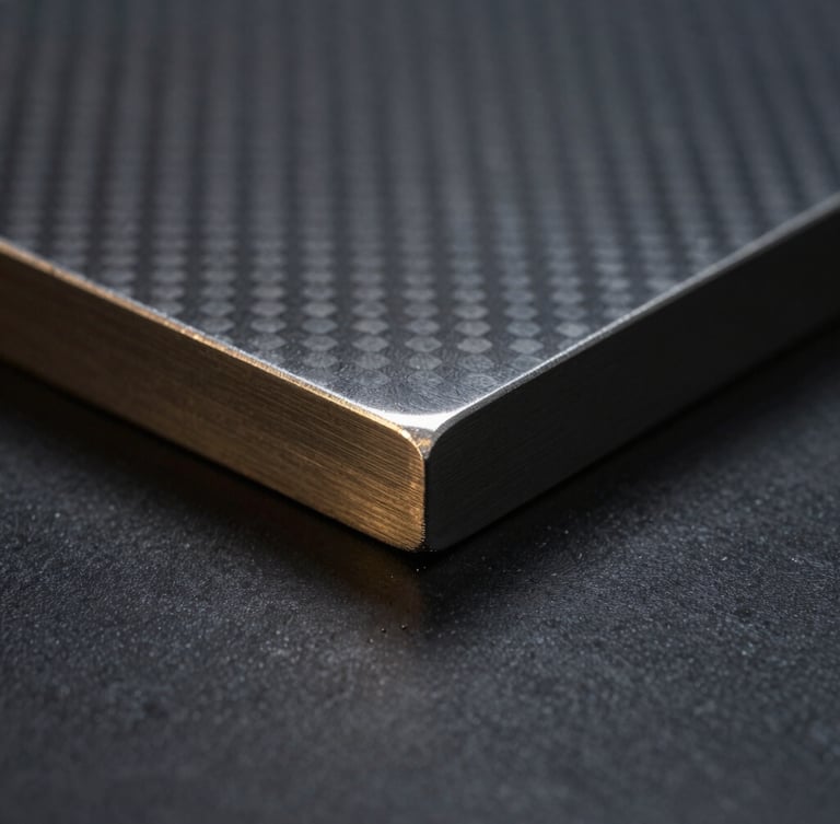 Macro close-up of a finished 1/2 inch carbon steel plate cut by CNC plasma, showing a perfectly smooth and clean edge with zero dross, dramatic side lighting highlighting the metallic texture, dark graphite background
