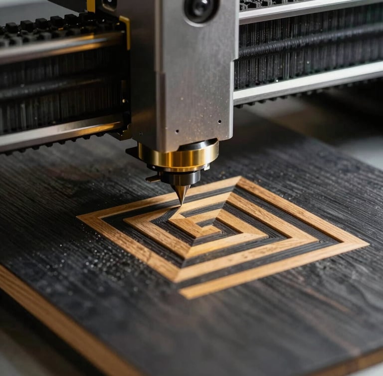 Extreme close-up of a high-precision CNC router cutting a geometric pattern into a dark wood panel, sharp focus on clean edges, golden lighting, 35mm