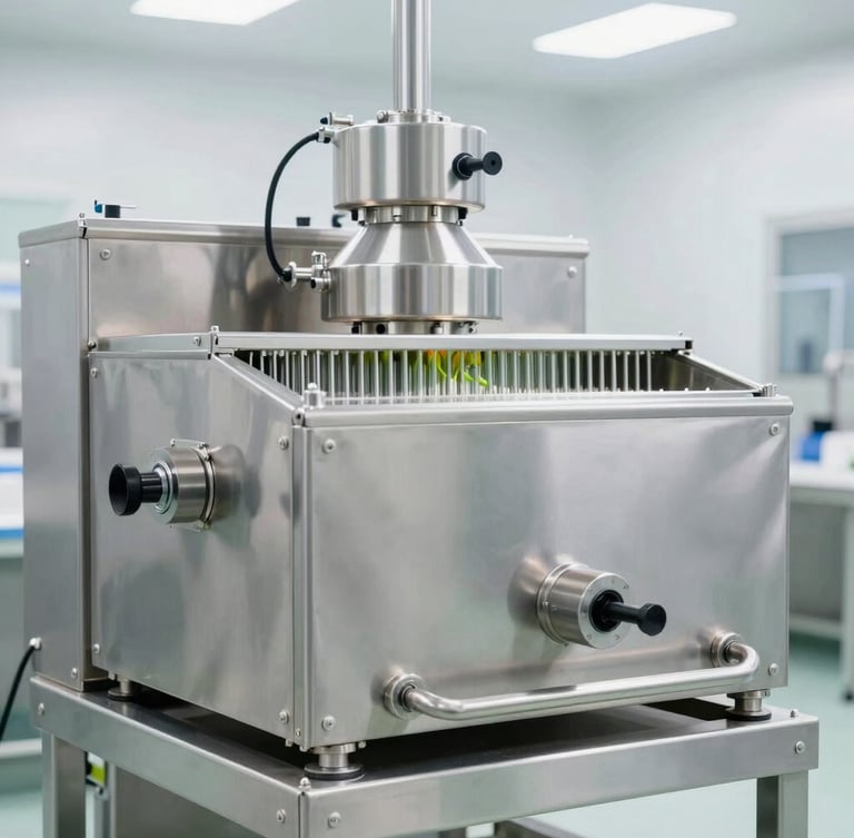 State-of-the-art stainless steel dehydration machinery in a bright, clean, clinical industrial food processing facility, high-key lighting, sterile environment, sharp focus.