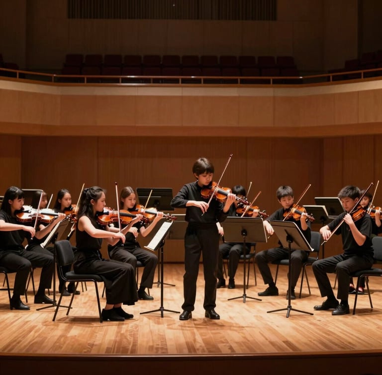 A wide-angle shot of a youth orchestra performing on a grand wooden stage under soft concert hall lights, warm atmosphere, shallow depth of field, 35mm