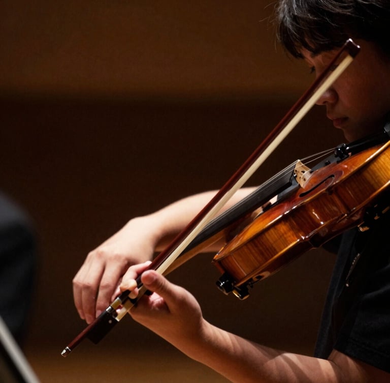 Intimate close-up of a young musician's hands holding a violin bow, soft side-lit rehearsal space, rich low-contrast shadows, shallow depth of field