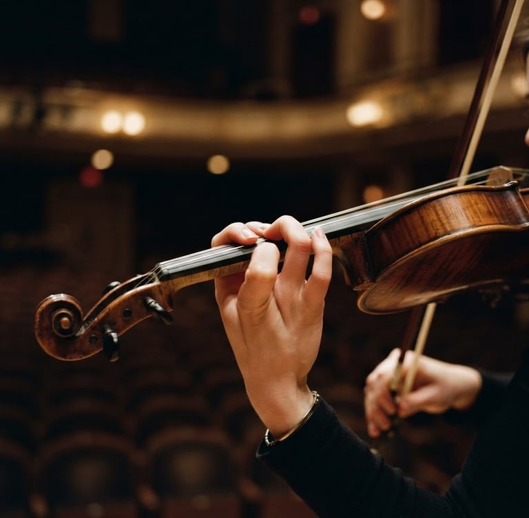 Close-up of a young violinist's hands in focused practice, warm concert hall stage lighting, rich deep tones, shallow depth of field, 35mm