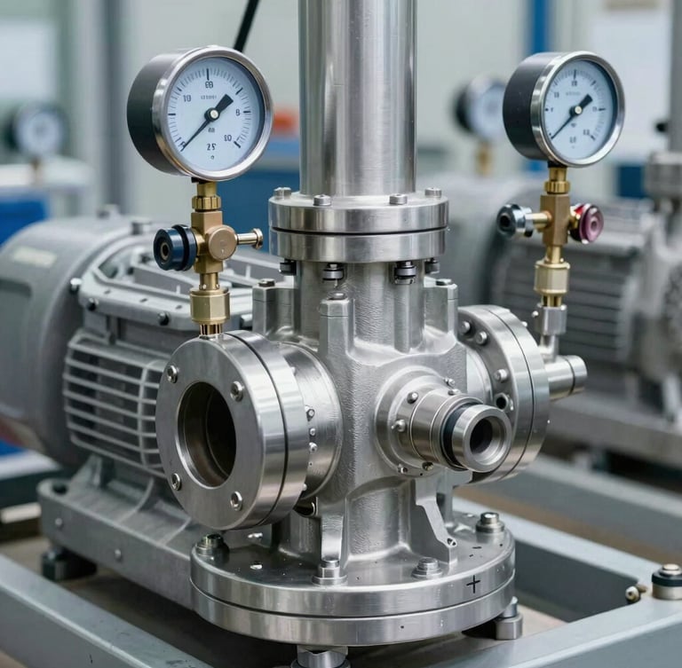Close-up of a heavy-duty positive displacement pump head with stainless steel instrumentation and pressure gauges, crisp industrial lighting