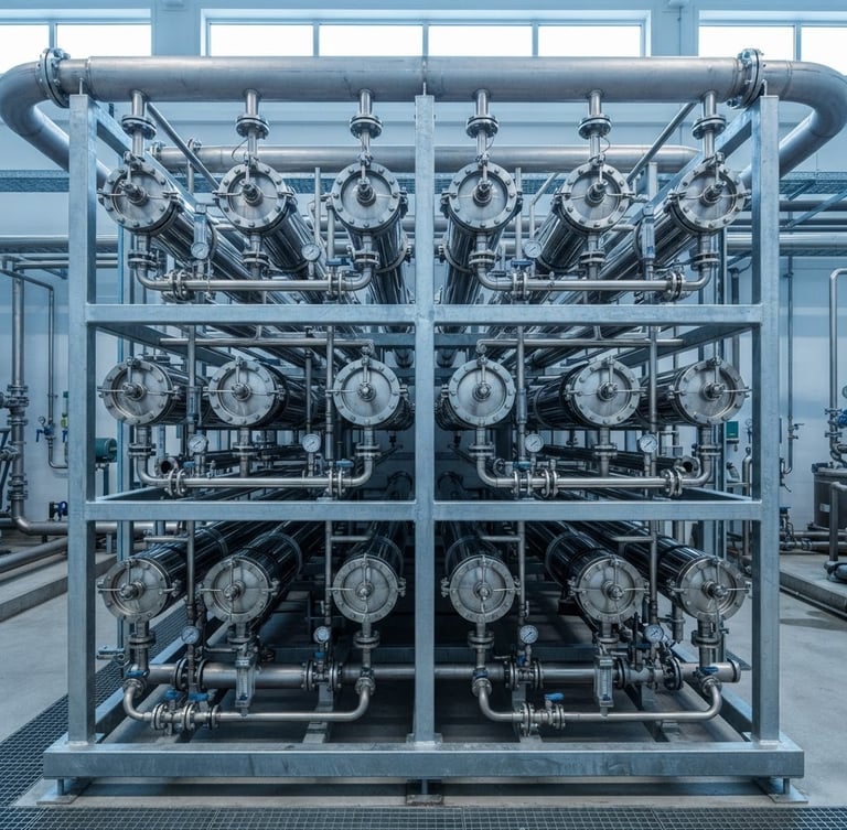 Straight-on technical shot of an industrial reverse osmosis membrane rack with stainless steel pressure vessels, cool daylight, sharp focus, 35mm