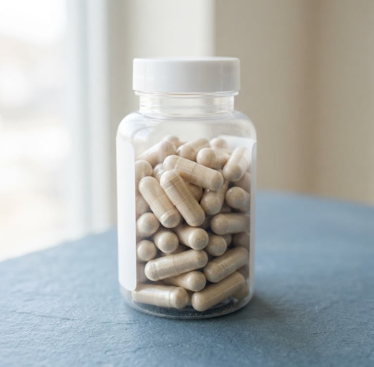 Close-up of clean Re-Life OA supplement capsules in a minimalist white bottle, bright natural daylight, soft shadows, on a slate blue surface, 50mm lens.
