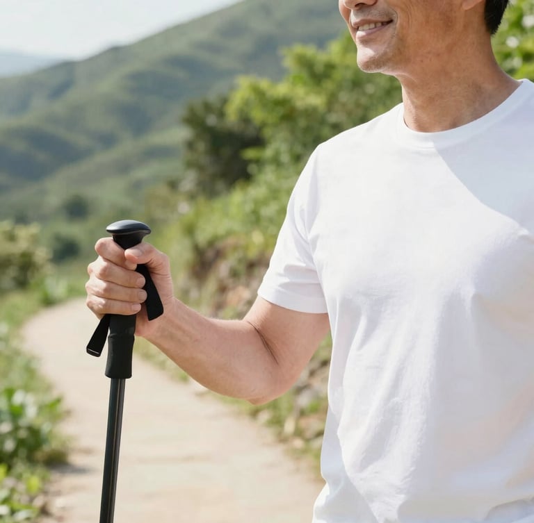 Active adult man over 60, smiling, hiking on a sun-dappled mountain trail, natural daylight, high-key, soft shadows, close-up of his hands holding trekking poles, lush green foliage in background.