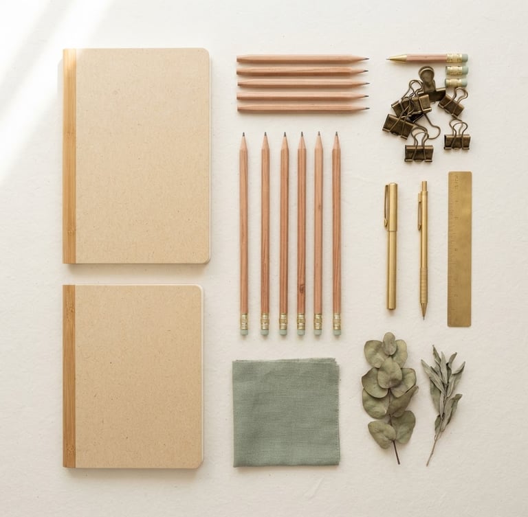 Clean overhead knolling of bamboo-fiber notebooks, cedar pencils, and brass clips on a crisp paper surface, soft natural morning light from the side, muted sage accents, 50mm editorial product photography.