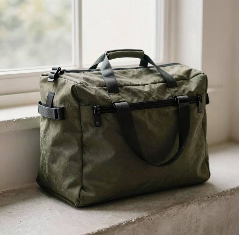 A close-up of a premium, unbranded dark canvas courier bag resting on a clean concrete step, soft natural window light, shallow depth of field, 35mm