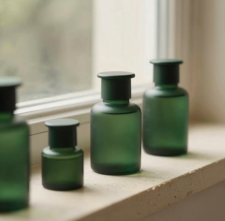 A close-up of elegant minimalist emerald green apothecary jars on a warm cream stone ledge, soft morning window light, shallow depth of field