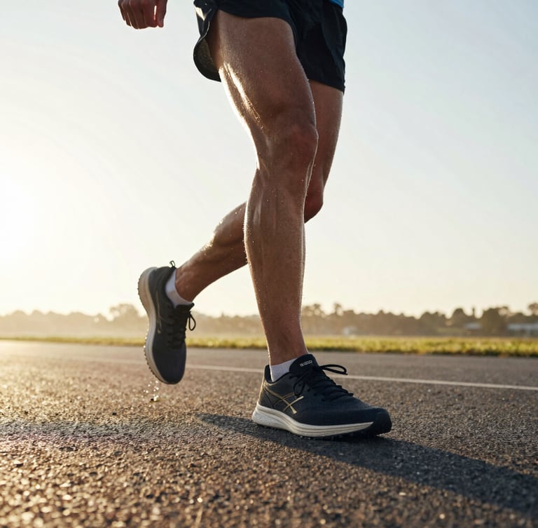 Dynamic low-angle action shot of an amateur runner on asphalt during sunrise, high-contrast morning sunlight, sweat on skin, shallow depth of field, 35mm