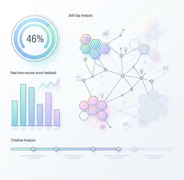 Minimalist vector illustration of a high-fidelity UI dashboard showing ATS match percentage, real-time resume score feedback, and skill gap analysis, soft pastel backlighting, clean white background