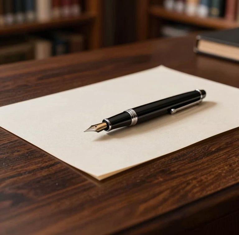 Close-up of a high-end dark wood desk with a fountain pen resting on textured ivory paper, warm morning light filtering through library shelves in the background.