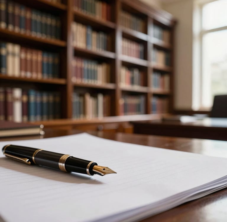 Warm natural light filtering through tall library shelves in a sophisticated, quiet private law office, close-up of a fountain pen on high-quality paper.