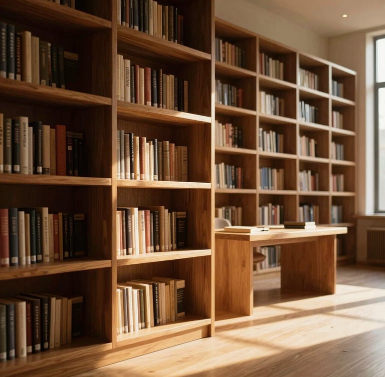 Architectural detail of a quiet, sunlit private library, warm golden-hour light filtering through tall wooden shelves, elegant minimalist desk in the background, highly sophisticated atmosphere.