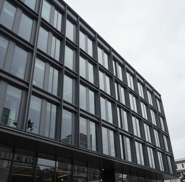 Wide-angle architectural perspective of a modern glass-and-steel commercial building facade under bright overcast daylight, desaturated charcoal tones, sharp focus.