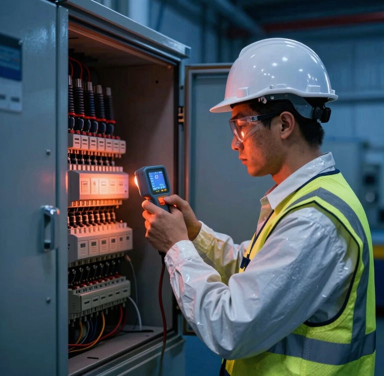 Certified Colombian electrical engineer in full safety PPE taking thermal measurements of an industrial electrical panel, high-contrast dramatic technical lighting, deep blue and copper tones, 35mm