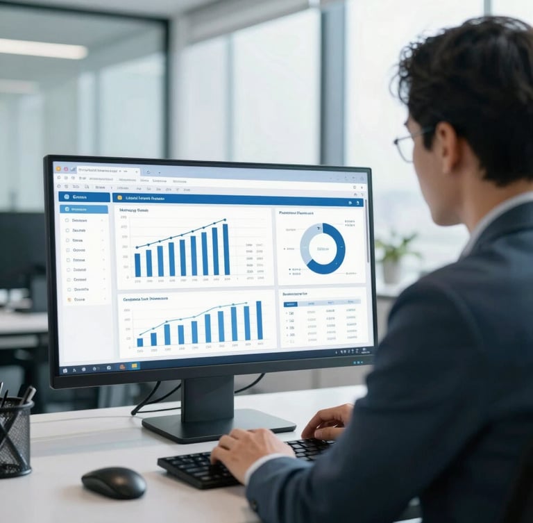 Over-the-shoulder perspective of an executive analyzing a clean financial and operational data dashboard on a screen in a bright, modern corporate office, daylight, cool blue tones, professional photography.