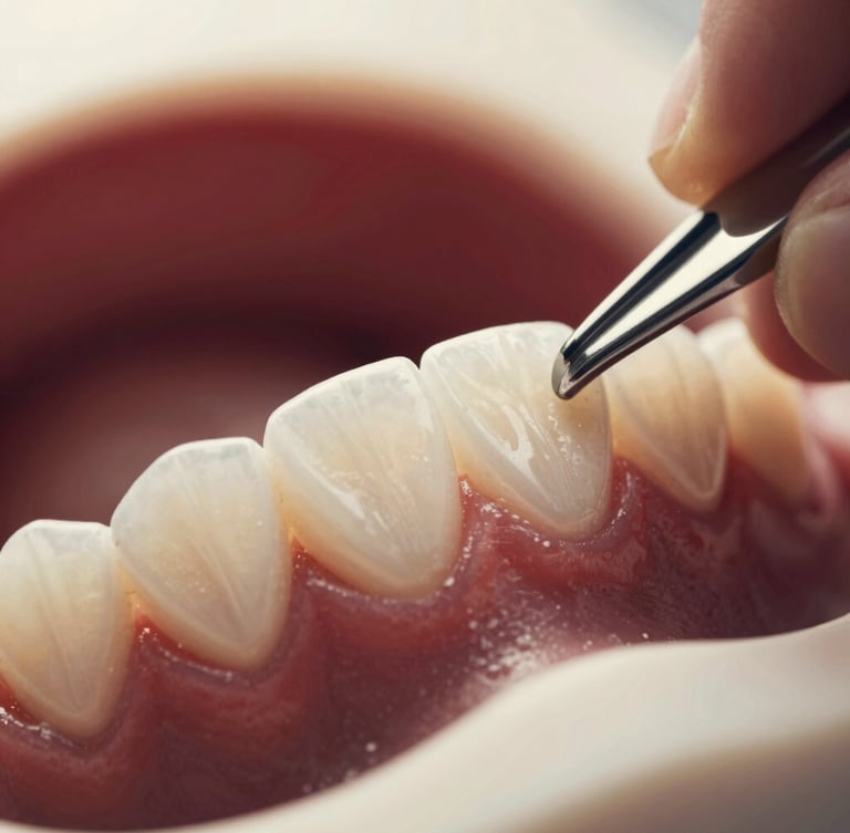 Macro detail shot of high-end porcelain veneers being meticulously adjusted, warm soft lighting, cream and deep cherry background, shallow depth of field