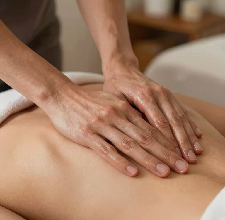 Close-up de mãos firmes realizando uma massagem terapêutica em ambiente acolhedor com iluminação natural suave e tons terrosos.