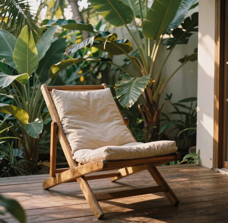 A quiet corner of a boutique inn, a wooden lounge chair with a linen cushion on a rustic deck, surrounded by lush tropical plants, soft afternoon sun