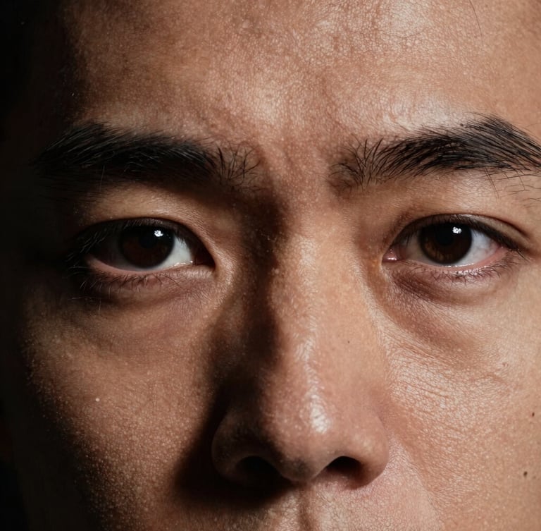 Extreme close-up portrait of a director's eyes reflecting a harsh key light, high contrast, heavy tactile grain, pitch-black background.
