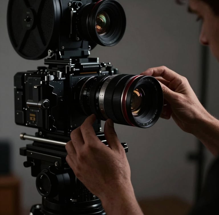 Low-key high-contrast shot of hands adjusting an anamorphic lens on a heavy film camera, moody tungsten lighting, dark shadows.
